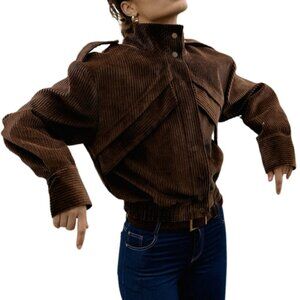 High Neck Corduroy Top with Gold Button Details